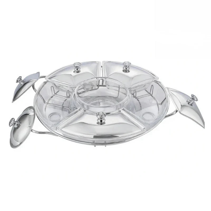 Rechaud Giratório Com 6 Compartimentos Aço Inox e Vidro 52cm