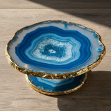 Fruteira de Ágata Azul Natural com Pedestal Dourado