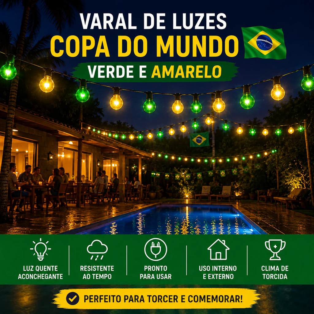 🇧🇷 Varal de Luzes Copa do Mundo – Verde e Amarelo